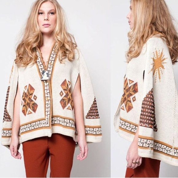 Vintage Tribal Knit Cape Poncho – Cream & Brown with Pyramid Motif One Size - Picture 1 of 10
